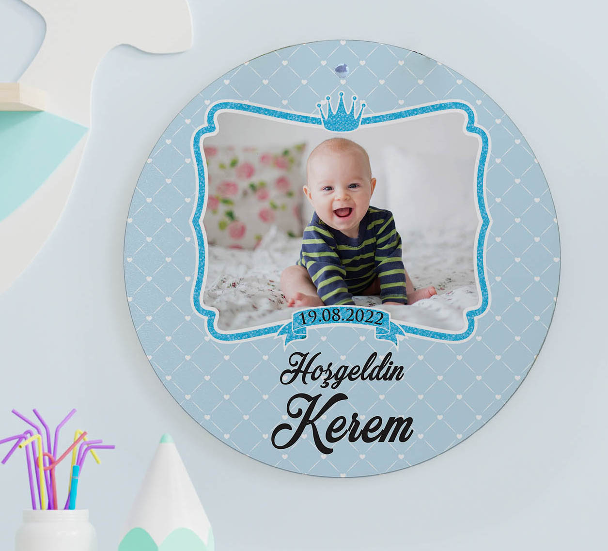 Erkek Bebek Hediye Seti - Çikolata, Magnet, Kapı Süsü - Fotoğraflı