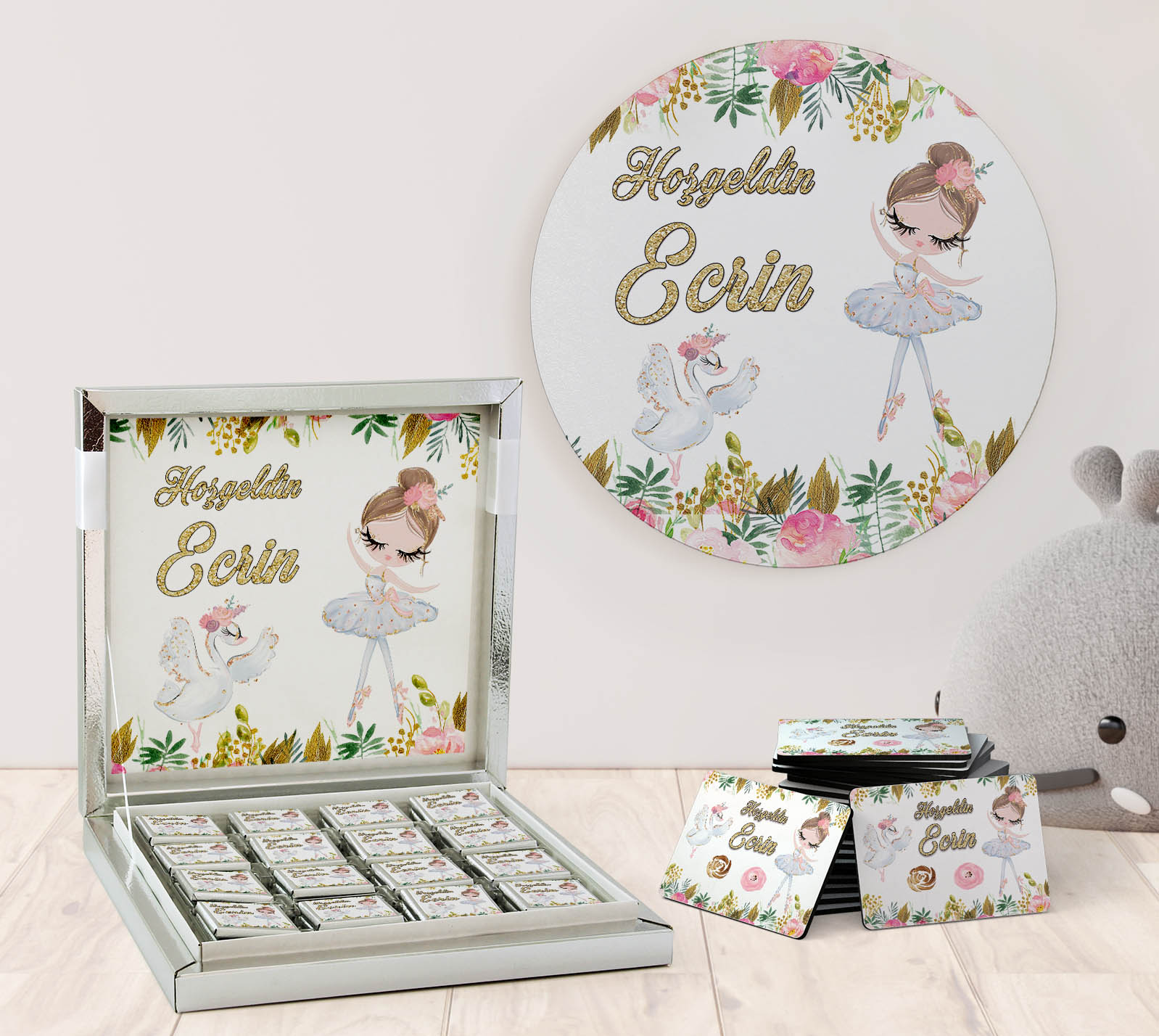 Kız Bebek Hediye Seti - Çikolata, Magnet, Kapı Süsü - Balerin