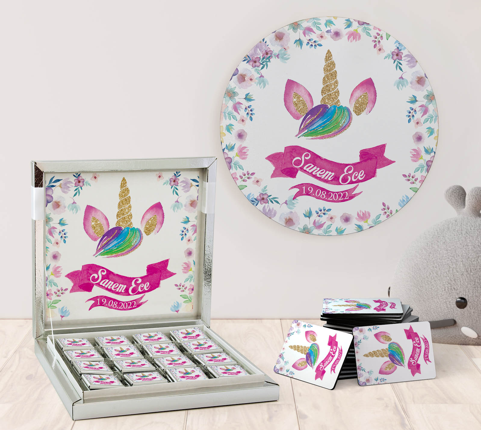 Kız Bebek Hediye Seti - Çikolata, Magnet, Kapı Süsü - Face Unicorn