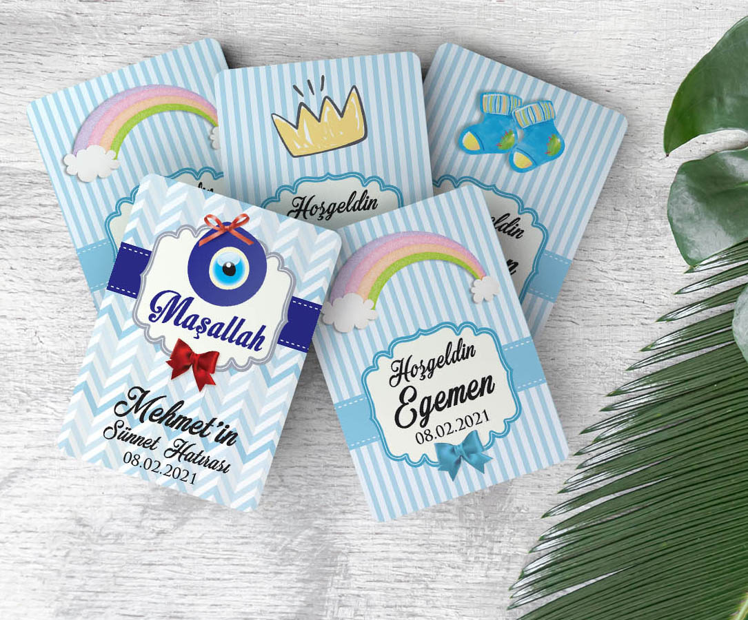 Erkek Bebek Hediye Seti - Çikolata, Magnet, Kapı Süsü - Maşallah