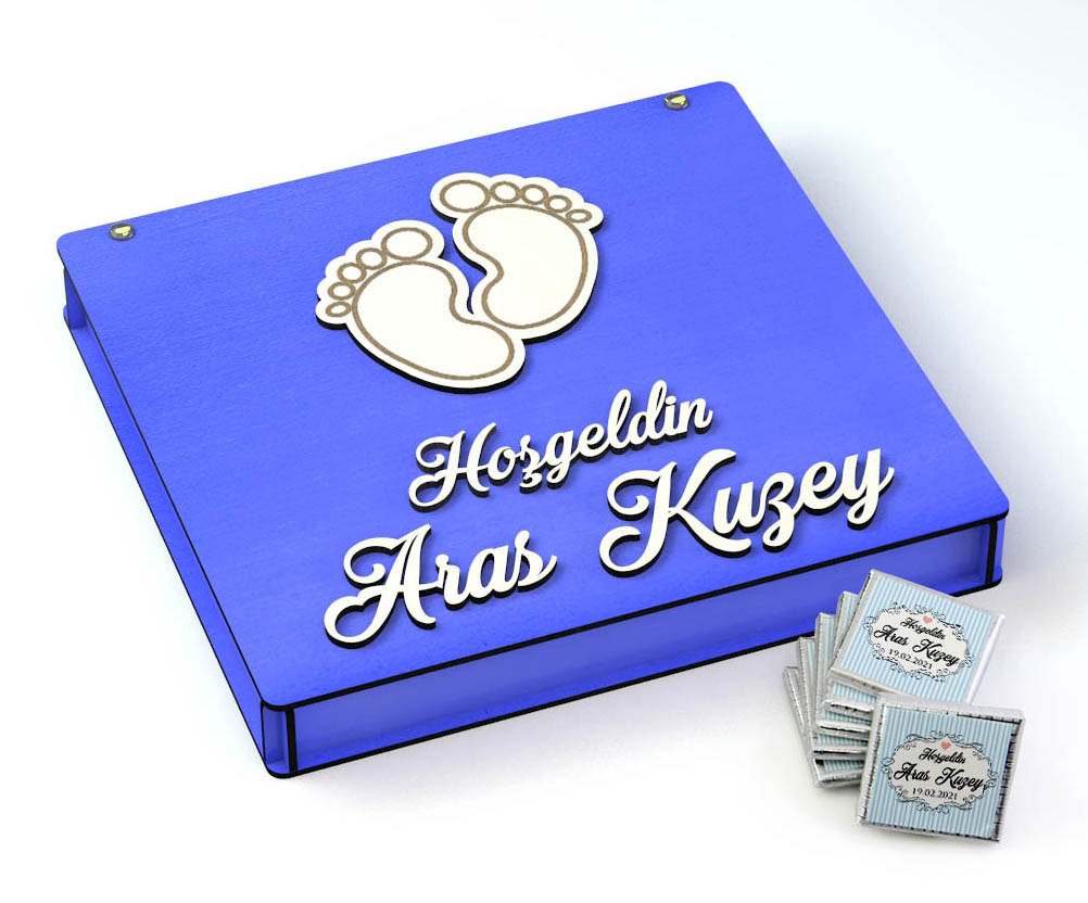 Ahşap Kutulu Erkek Bebek Çikolatası - Ayak İzi