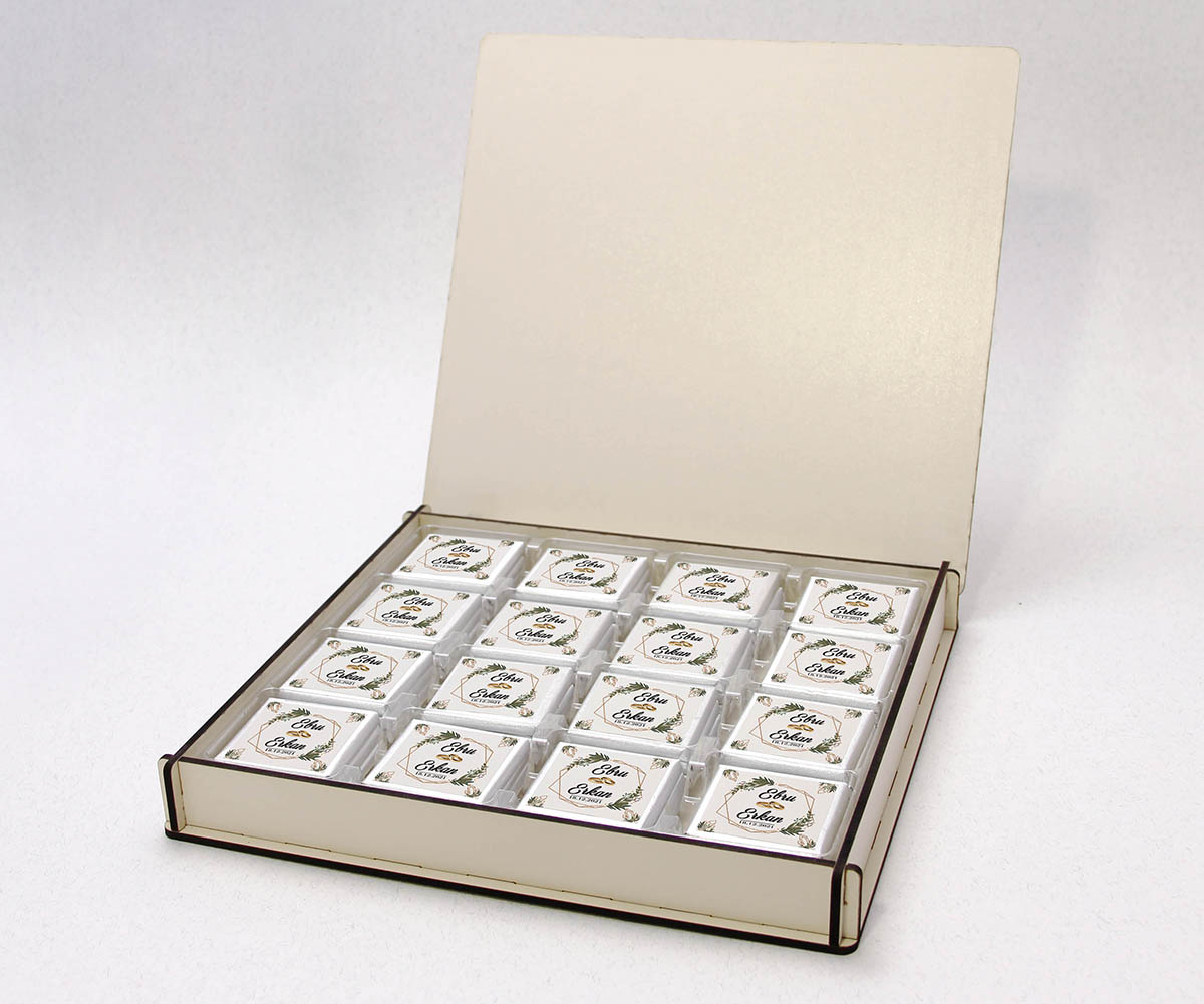 Ahşap Kutulu, UV Baskılı Söz, Nişan Çikolatası - Kristal, Papatya