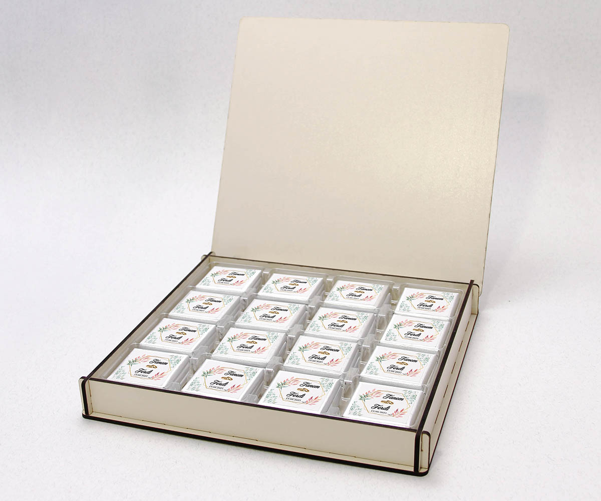 Ahşap Kutulu, UV Baskılı Söz, Nişan Çikolatası - Kristal, Yaprak MD4