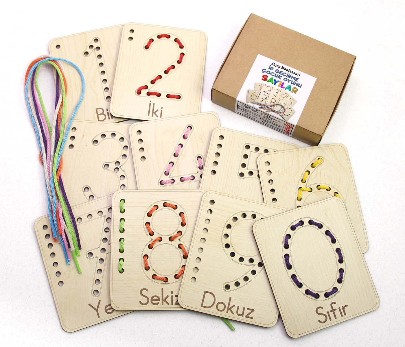 Ahşap Sayılar İp Geçirme Kutulu Oyun, Montessori Ahşap  El Kası Geliştirme Eğitici Oyun