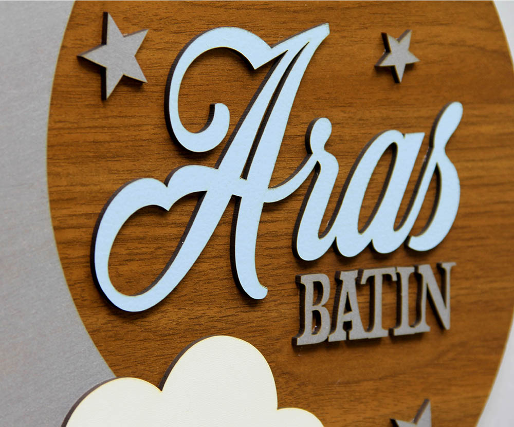 Ahşap Bebek Kapı ve Duvar Bebek Süsü - Bulut ve Ay- Model 1