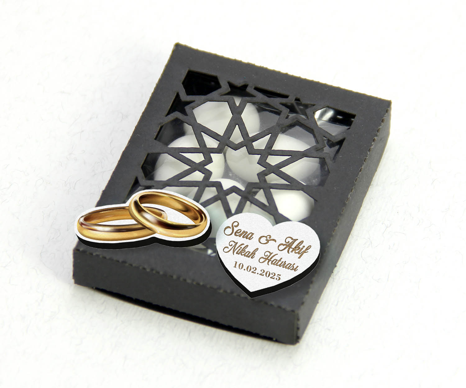 Figür Yüzük Detaylı Siyah Kutulu Badem Şekeri - Nikah, Kına, Nişan Şekeri