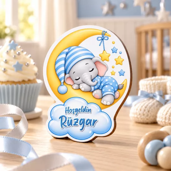 İsimli Ay ve Fil Bebek Magneti 5×7 cm | Tasarım Şeker