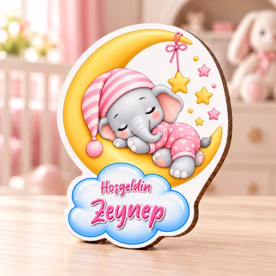 İsimli Ay ve Fil Bebek Magneti 5×7 cm | Tasarım Şeker