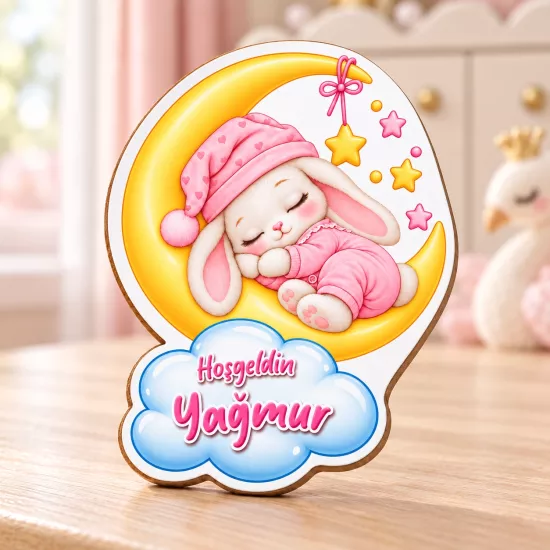 İsimli Pembe Tavşan Bebek Magneti  | Tasarım Şeker