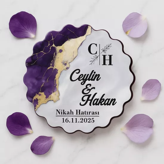 Epoksi-Mermer Ahşap Papatya Magnet Mor-Siyah – İsim/Tarih UV Baskılı Nikah Hediyeliği | Tasarım Şeker