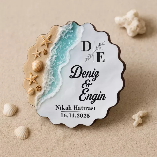 Epoksi-Deniz Dalgası Ahşap Papatya Magnet – İsim/Tarih UV Baskılı Nikah Hediyeliği | Tasarım Şeker