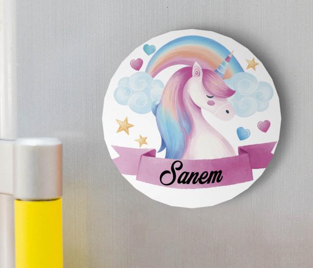 UV Baskılı Ahşap Kız Bebek Magnet - Gökkuşağı, Unicorn