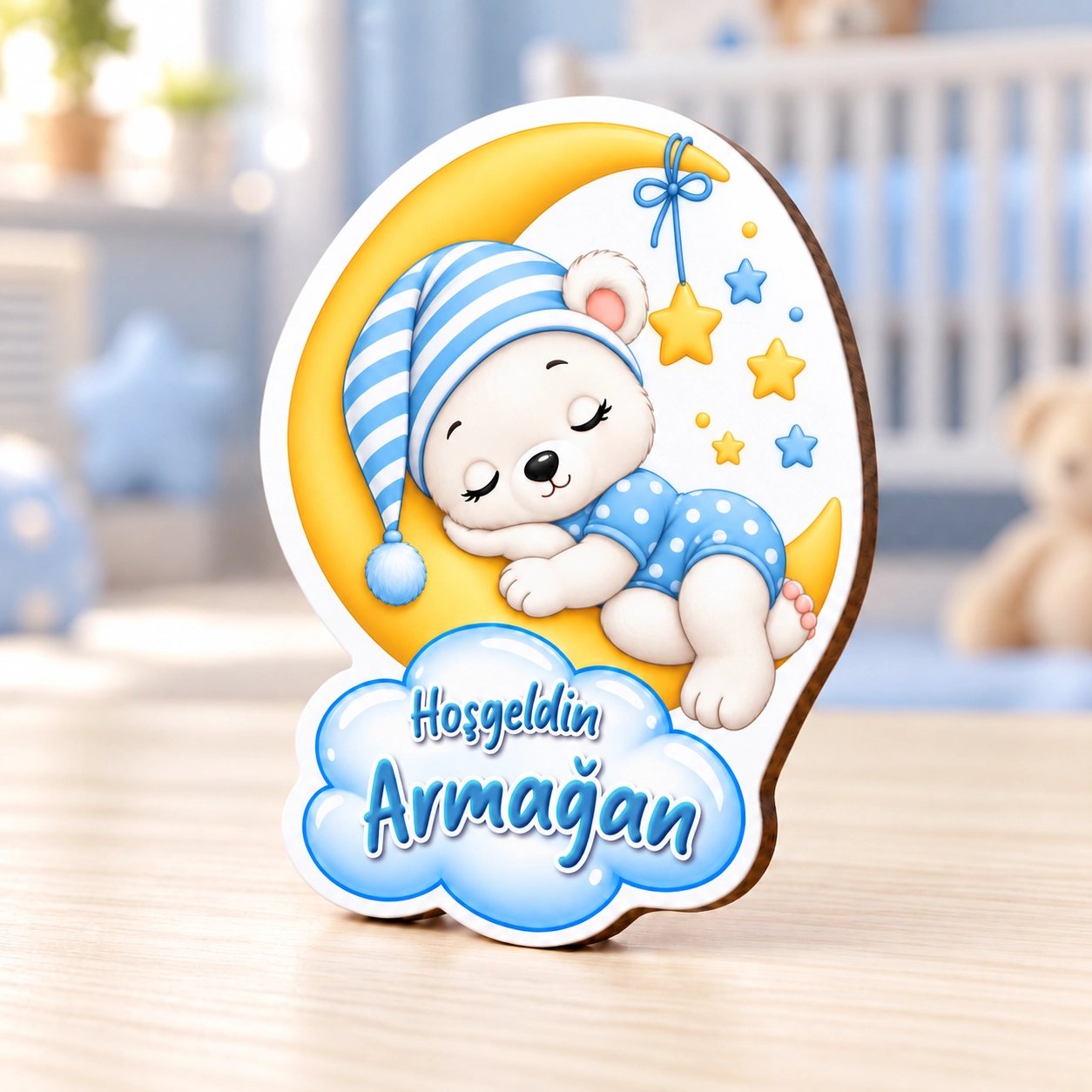 Kişiye Özel Ay ve Ayıcık Temalı Ahşap Erkek Bebek Magneti