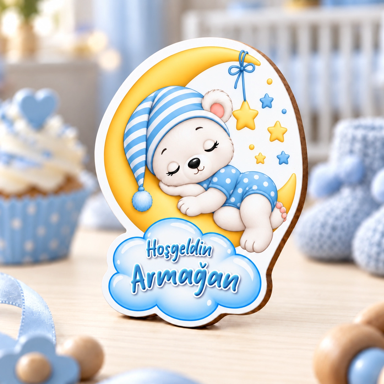 Kişiye Özel Ay ve Ayıcık Temalı Ahşap Erkek Bebek Magneti