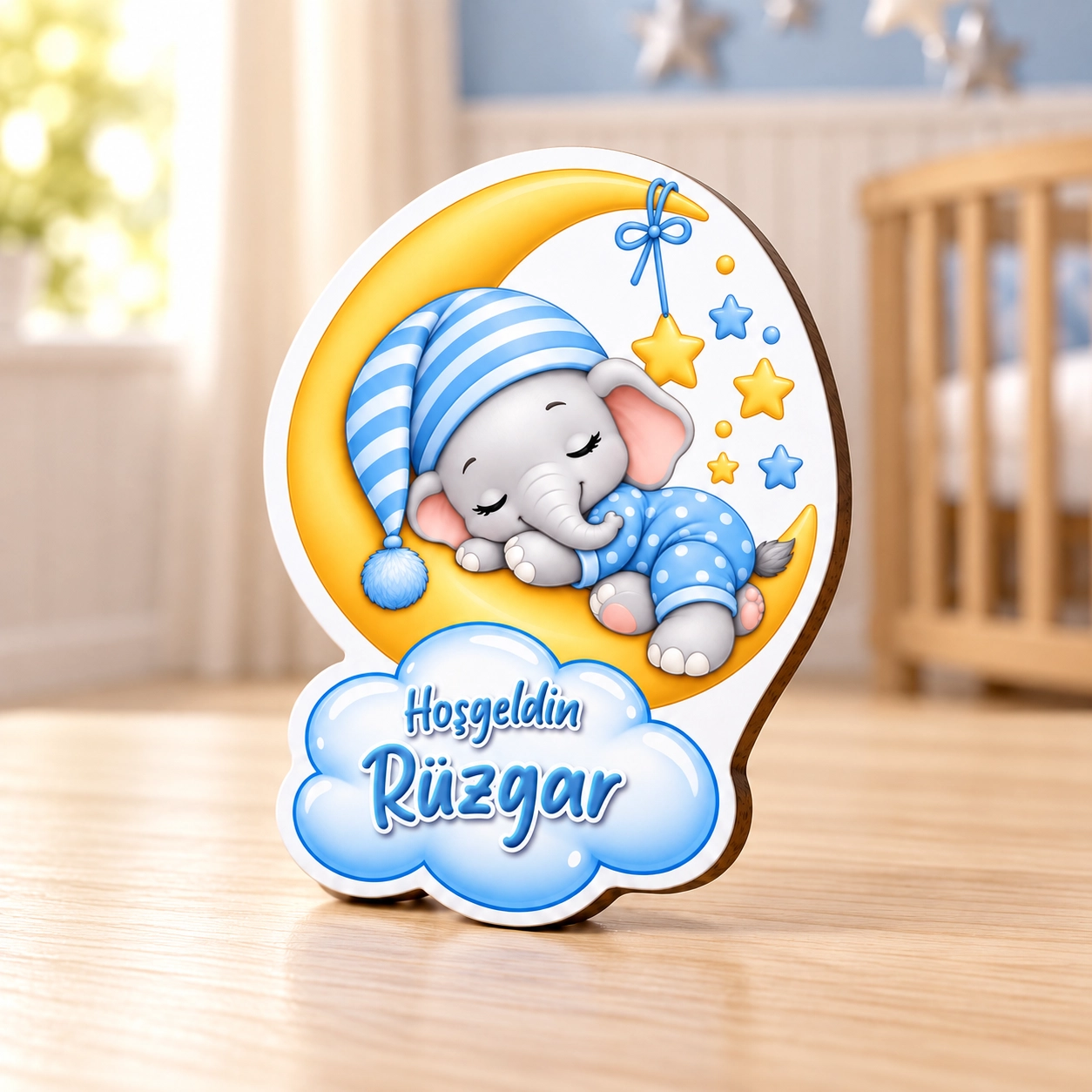 Kişiye Özel Ay ve Fil Temalı Ahşap Erkek Bebek Magneti