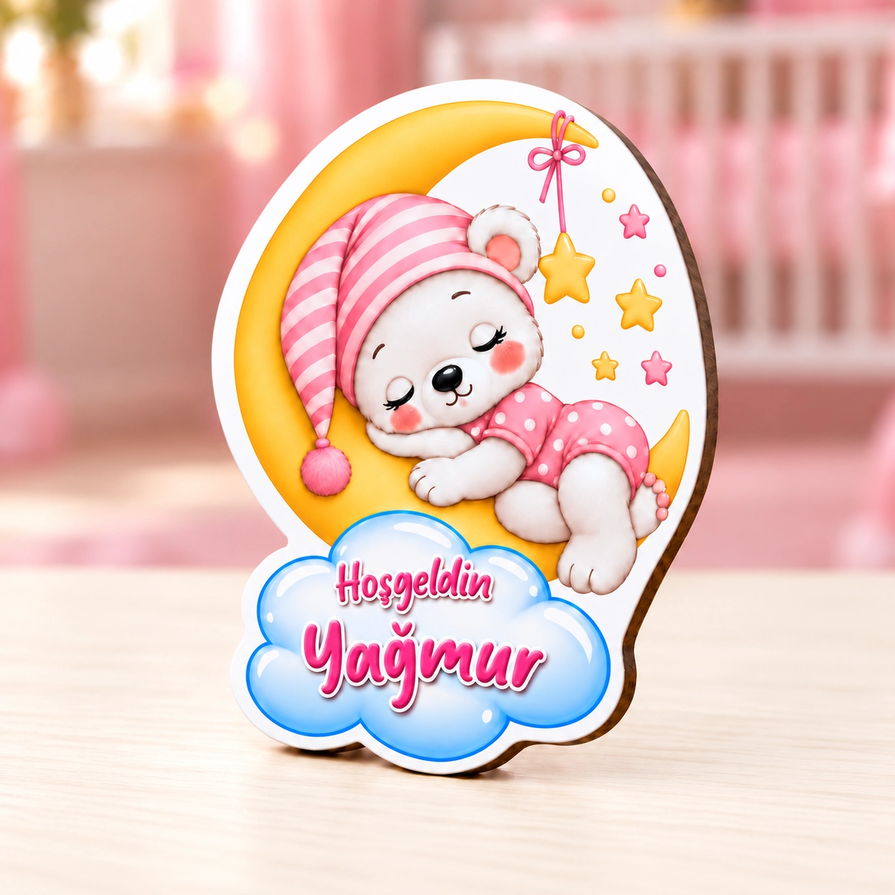 Kişiye Özel Ay ve Ayıcık Temalı Ahşap Kız Bebek Magneti