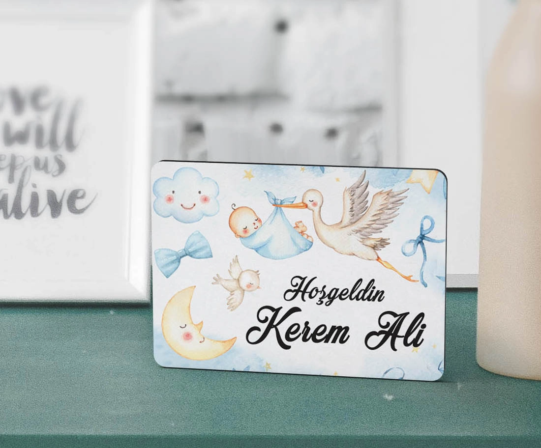 Kişiye Özel Leylek Temalı Ahşap Erkek Bebek Magneti