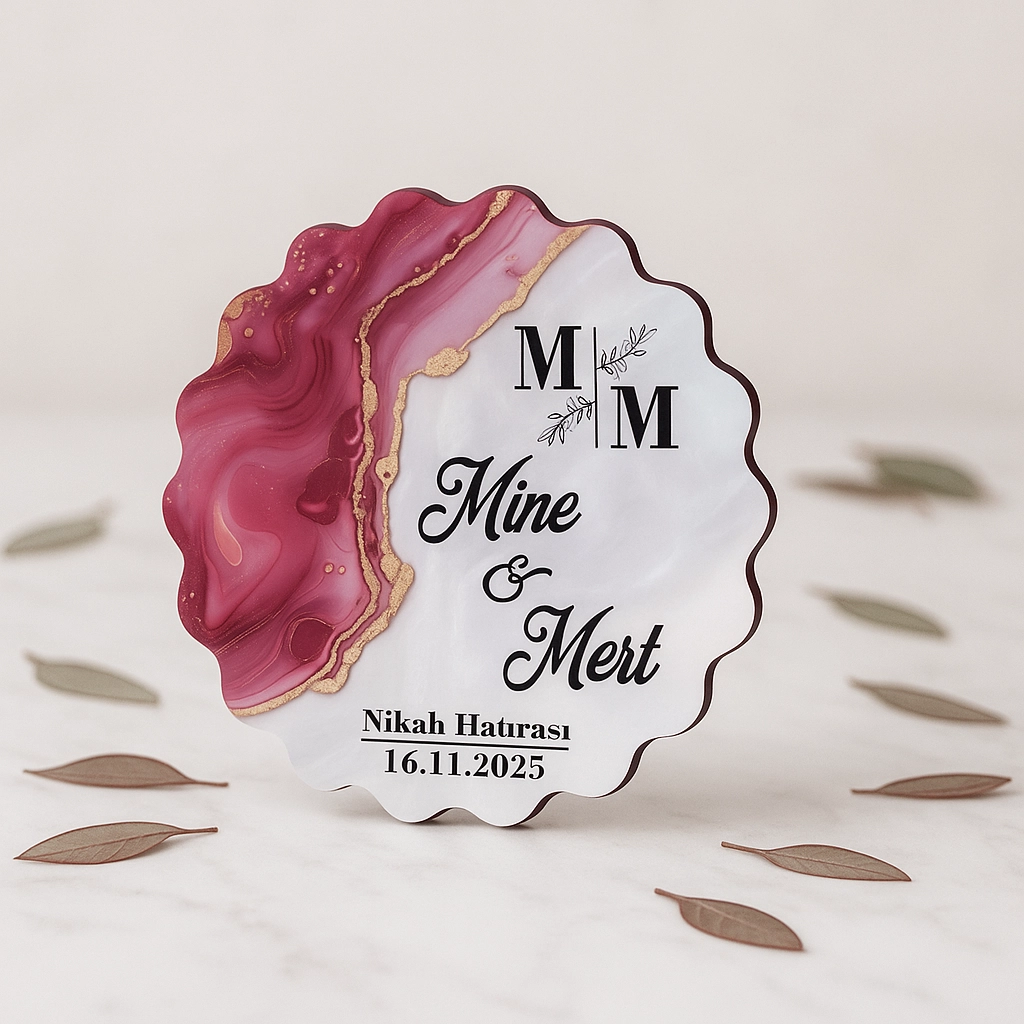 Epoksi-Mermer Görünümlü Ahşap Magnet - Fuşya - Kişiye Özel Nikah & Düğün Hediyeliği