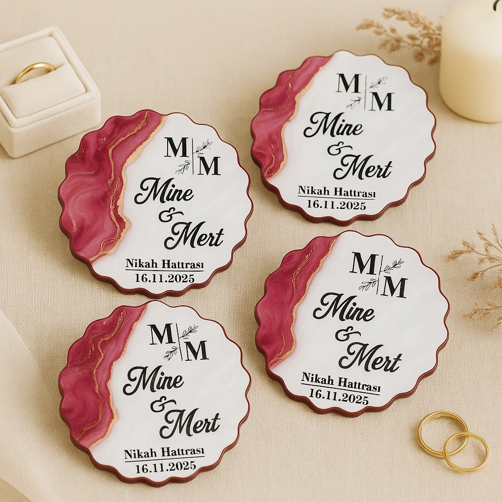 Epoksi-Mermer Görünümlü Ahşap Magnet - Fuşya - Kişiye Özel Nikah & Düğün Hediyeliği