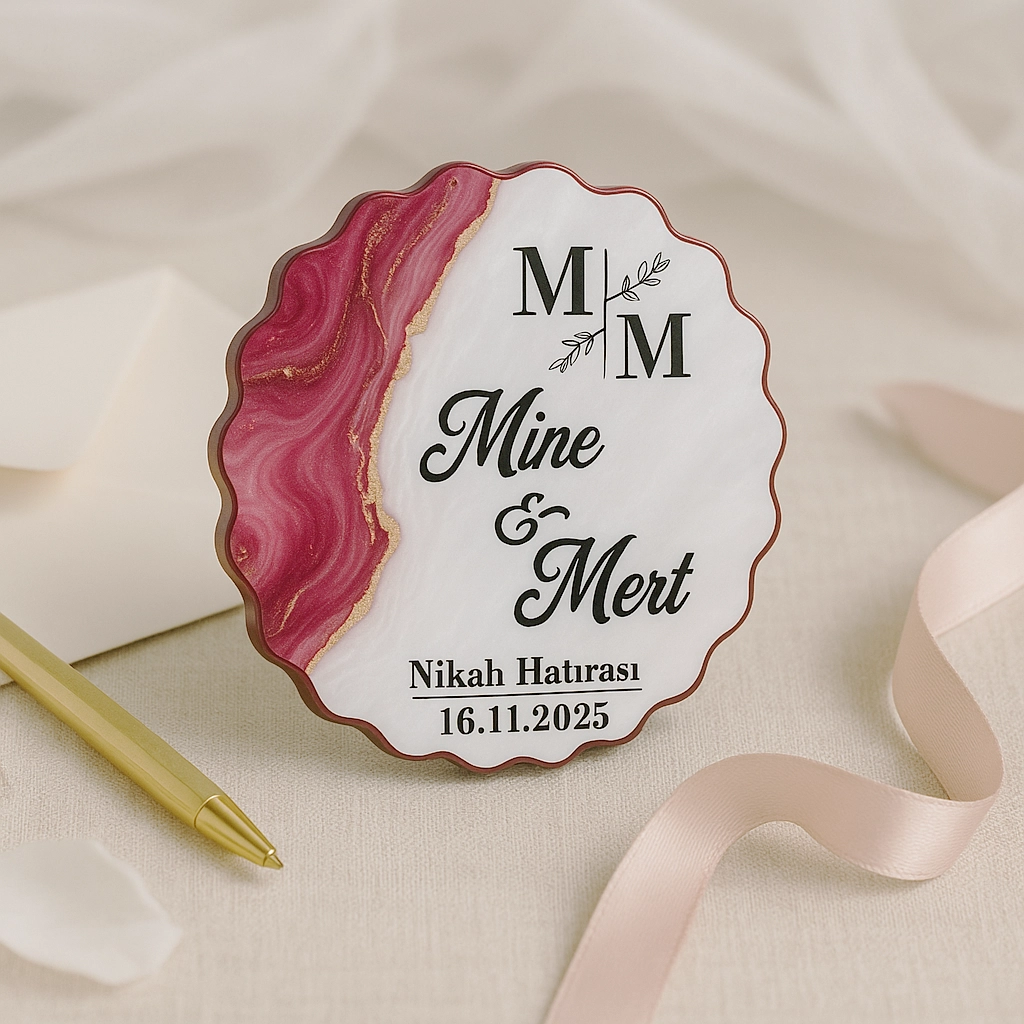 Epoksi-Mermer Görünümlü Ahşap Magnet - Fuşya - Kişiye Özel Nikah & Düğün Hediyeliği
