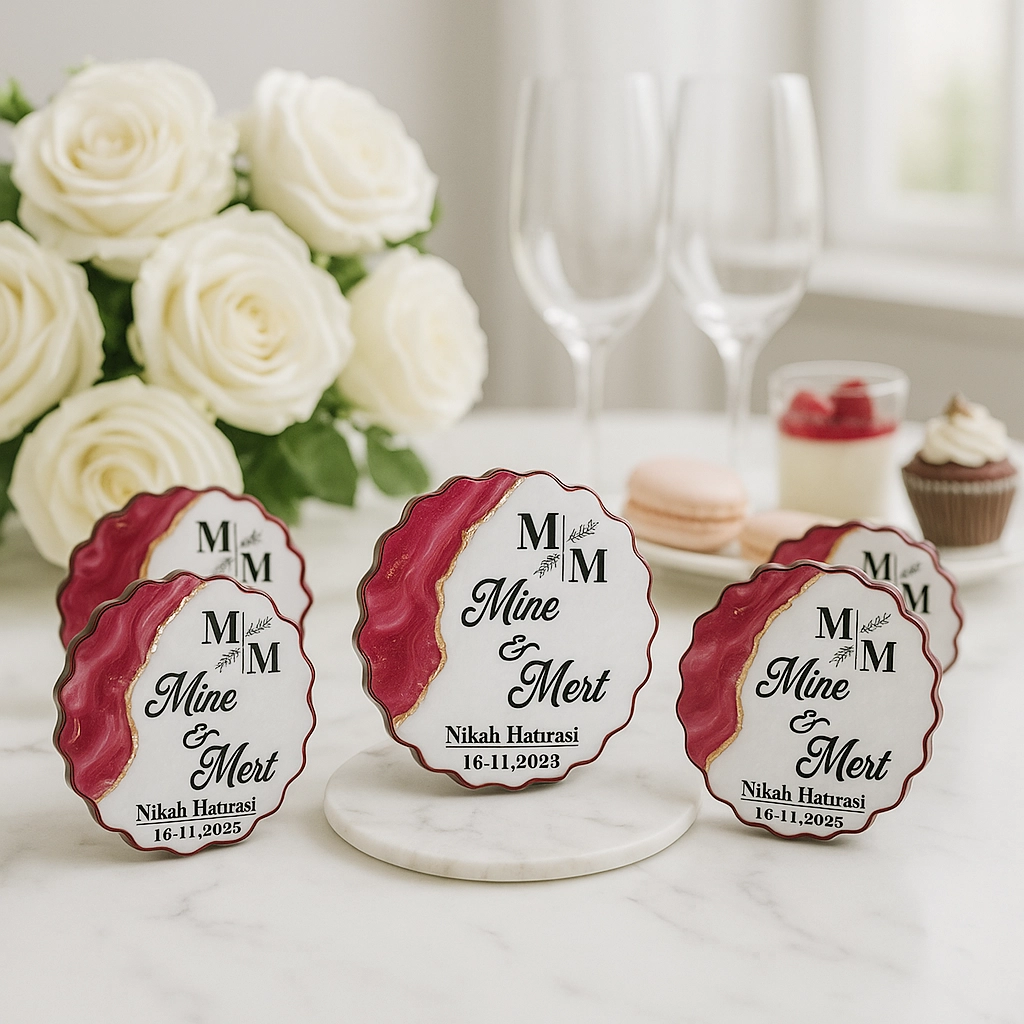 Epoksi-Mermer Görünümlü Ahşap Magnet - Fuşya - Kişiye Özel Nikah & Düğün Hediyeliği