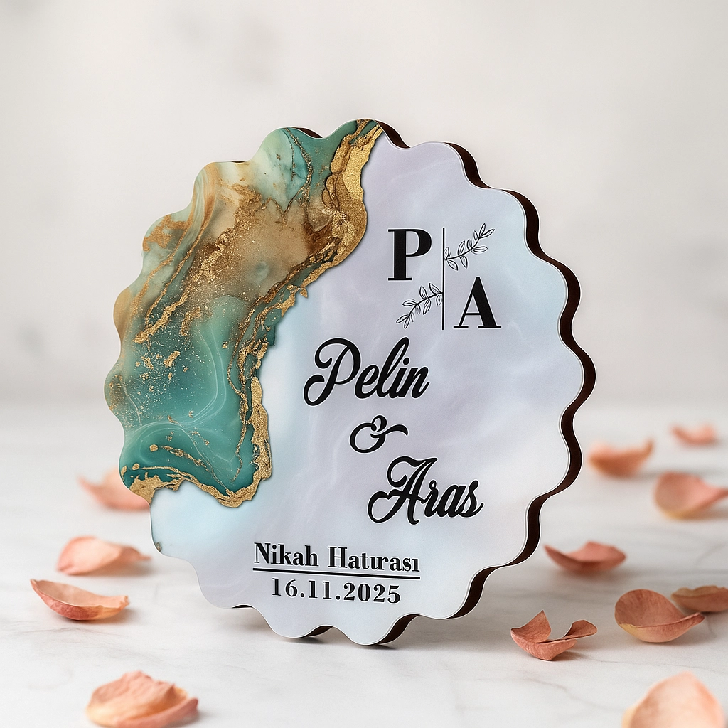 Epoksi-Mermer Görünümlü Ahşap Magnet - Zümrüt Yeşil - Kişiye Özel Nikah & Düğün Hediyeliği