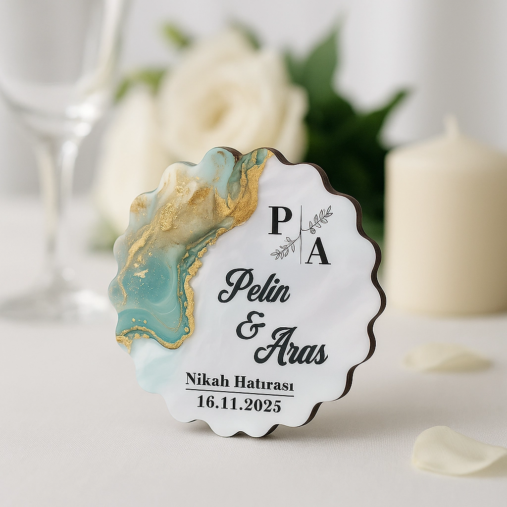 Epoksi-Mermer Görünümlü Ahşap Magnet - Zümrüt Yeşil - Kişiye Özel Nikah & Düğün Hediyeliği