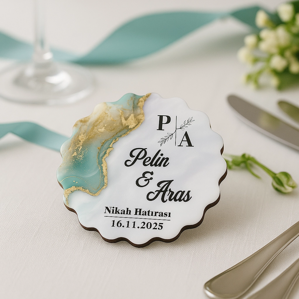 Epoksi-Mermer Görünümlü Ahşap Magnet - Zümrüt Yeşil - Kişiye Özel Nikah & Düğün Hediyeliği