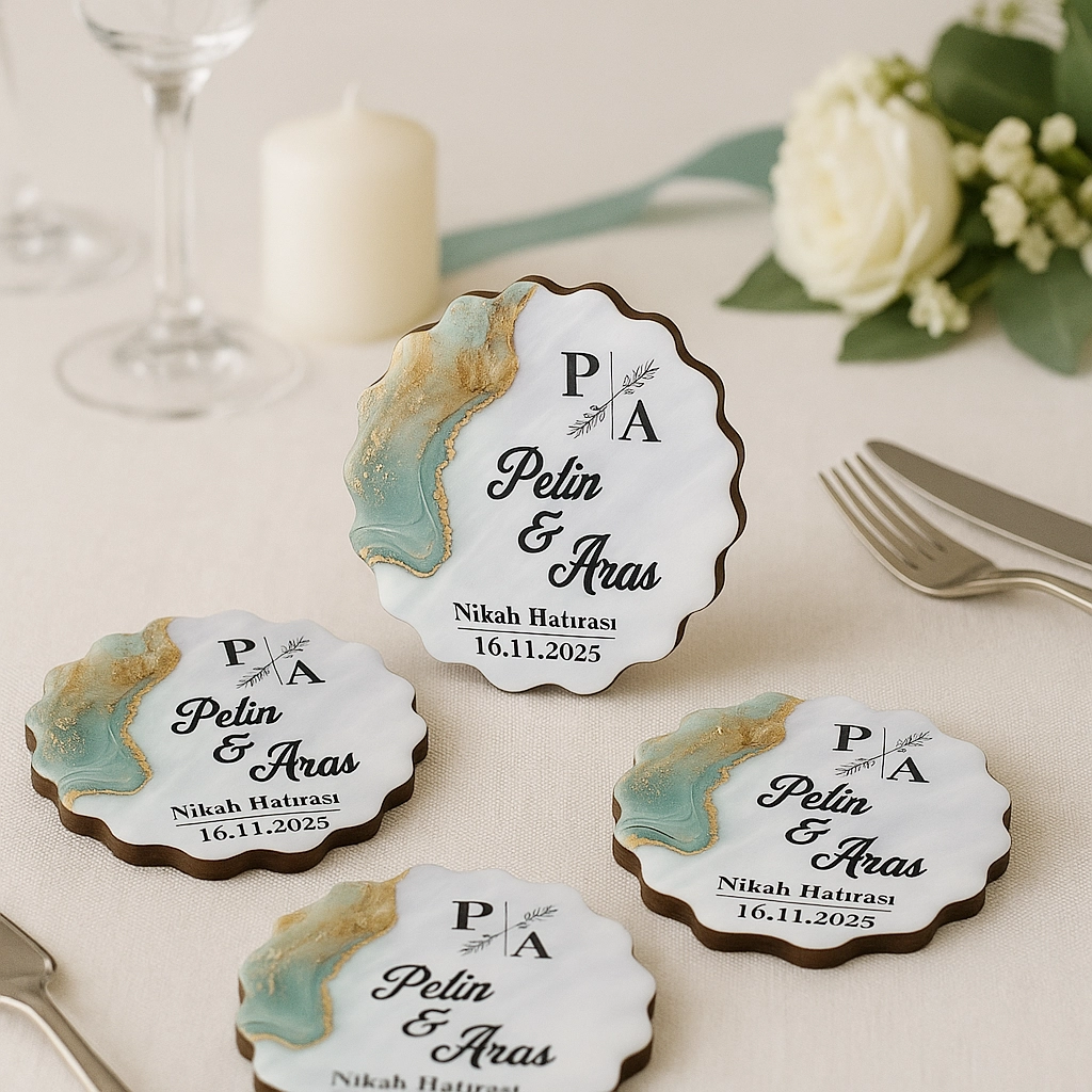 Epoksi-Mermer Görünümlü Ahşap Magnet - Zümrüt Yeşil - Kişiye Özel Nikah & Düğün Hediyeliği
