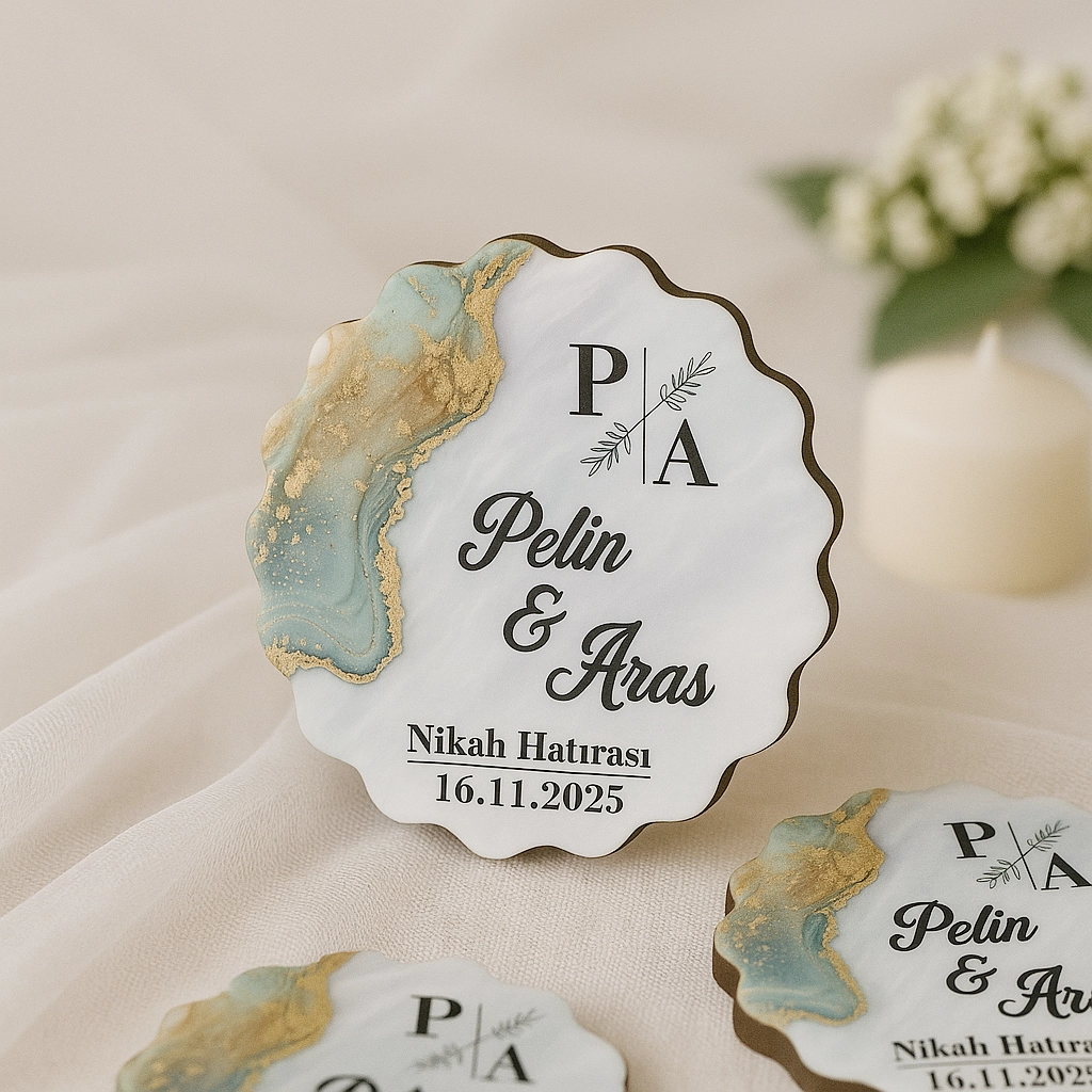 Epoksi-Mermer Görünümlü Ahşap Magnet - Zümrüt Yeşil - Kişiye Özel Nikah & Düğün Hediyeliği