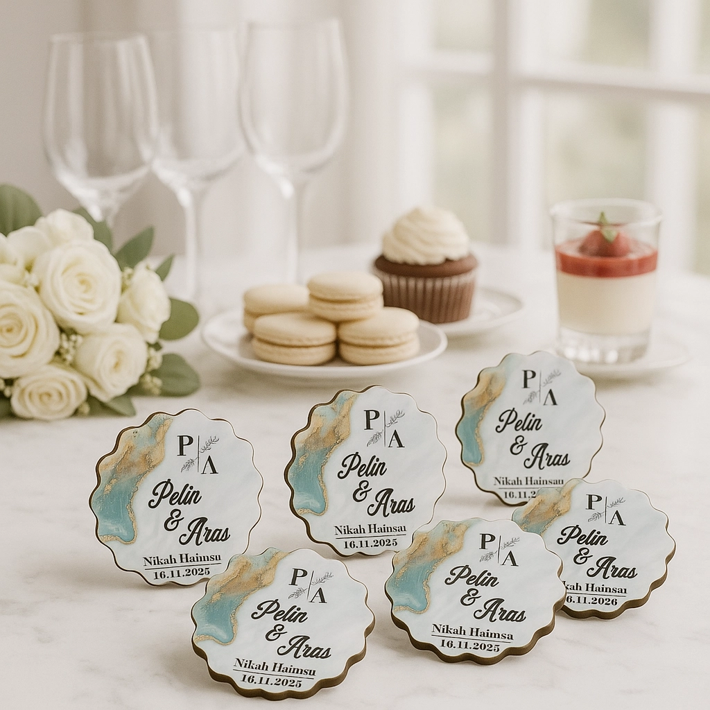 Epoksi-Mermer Görünümlü Ahşap Magnet - Zümrüt Yeşil - Kişiye Özel Nikah & Düğün Hediyeliği