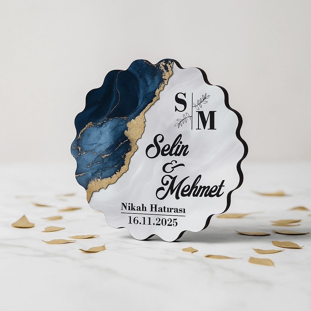 Epoksi-Mermer Görünümlü Ahşap Magnet - Lacivert - Kişiye Özel Nikah & Düğün Hediyeliği