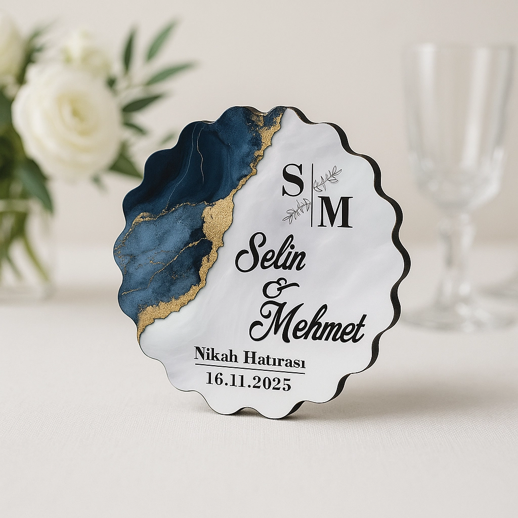 Epoksi-Mermer Görünümlü Ahşap Magnet - Lacivert - Kişiye Özel Nikah & Düğün Hediyeliği
