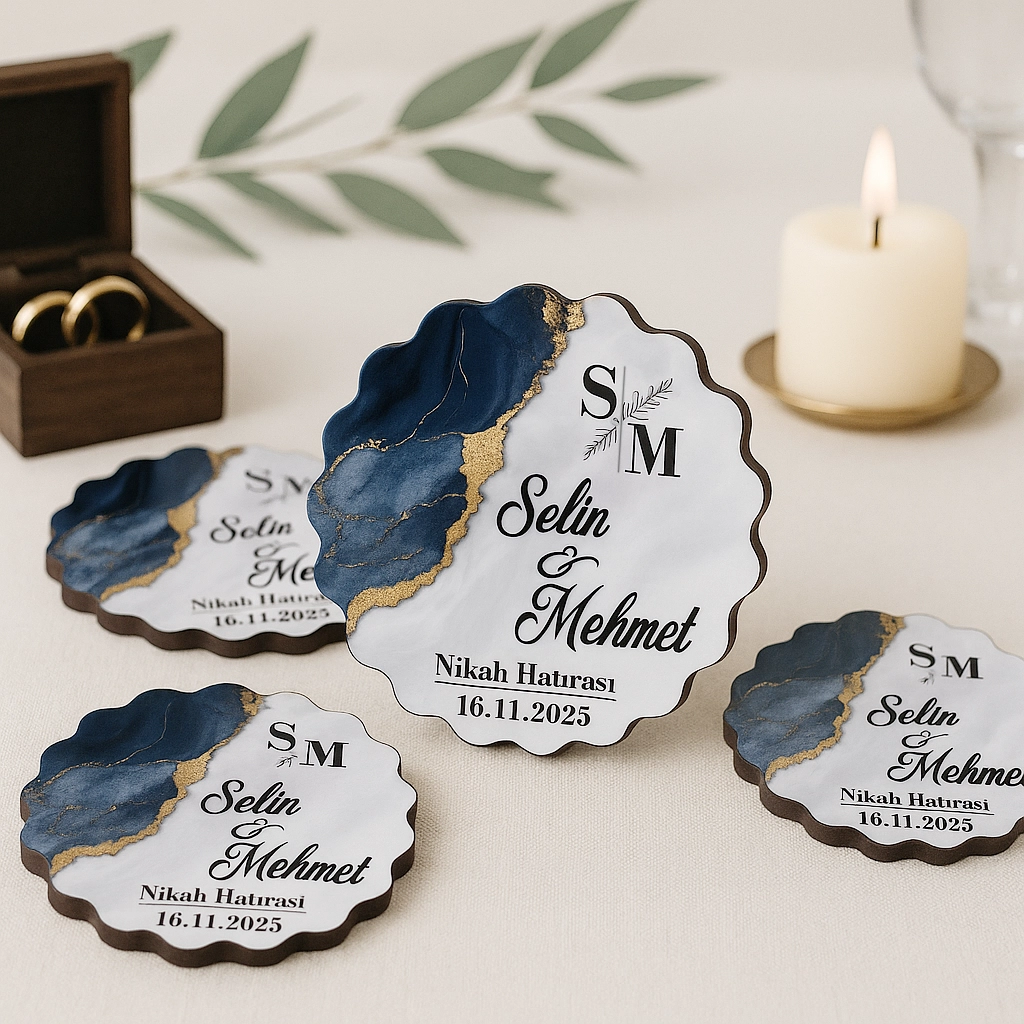 Epoksi-Mermer Görünümlü Ahşap Magnet - Lacivert - Kişiye Özel Nikah & Düğün Hediyeliği