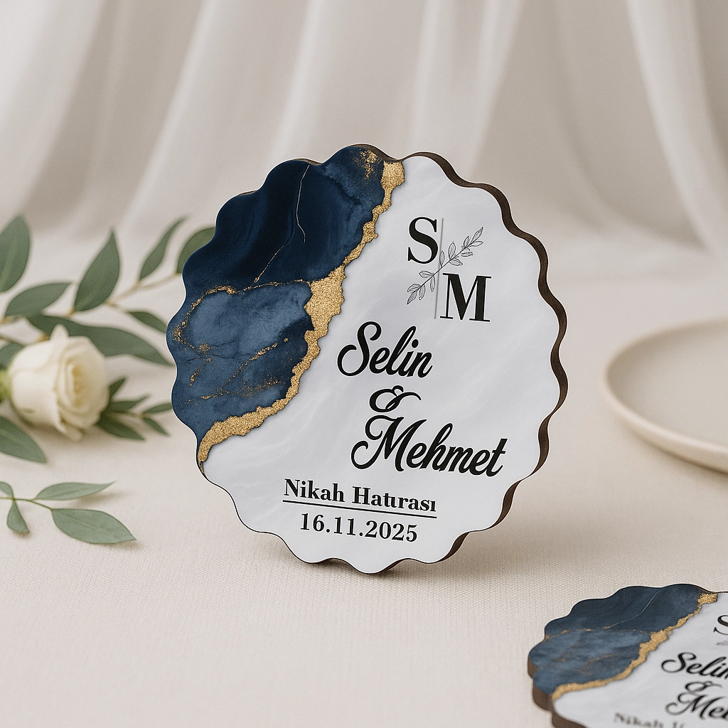 Epoksi-Mermer Görünümlü Ahşap Magnet - Lacivert - Kişiye Özel Nikah & Düğün Hediyeliği
