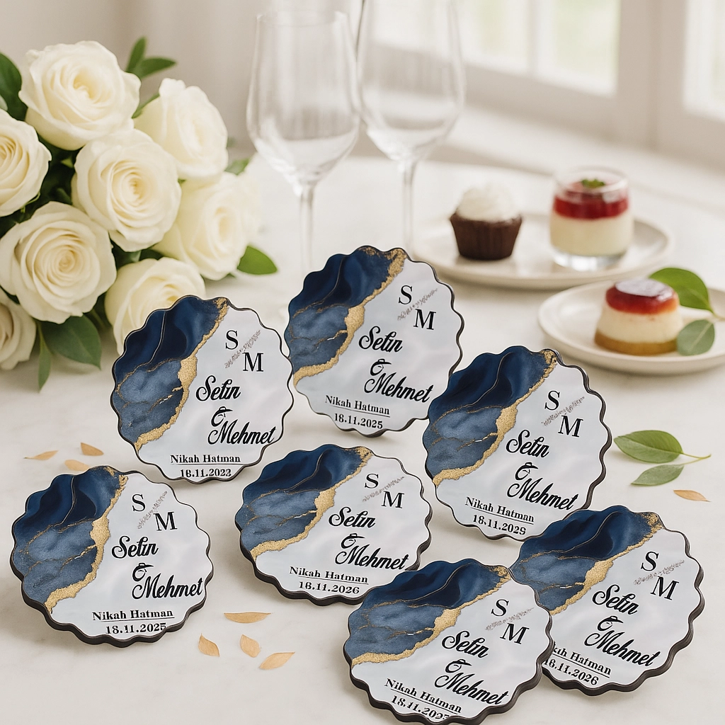 Epoksi-Mermer Görünümlü Ahşap Magnet - Lacivert - Kişiye Özel Nikah & Düğün Hediyeliği