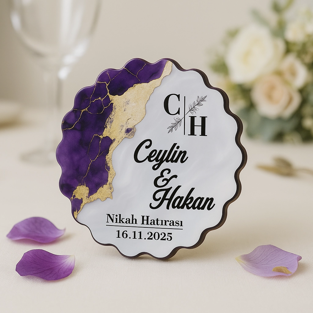 Epoksi-Mermer Görünümlü Ahşap Magnet - Mor - Kişiye Özel Nikah & Düğün Hediyeliği