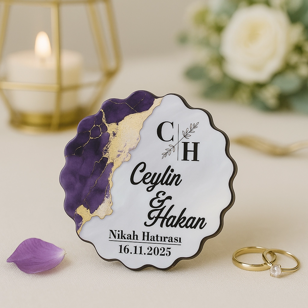 Epoksi-Mermer Görünümlü Ahşap Magnet - Mor - Kişiye Özel Nikah & Düğün Hediyeliği