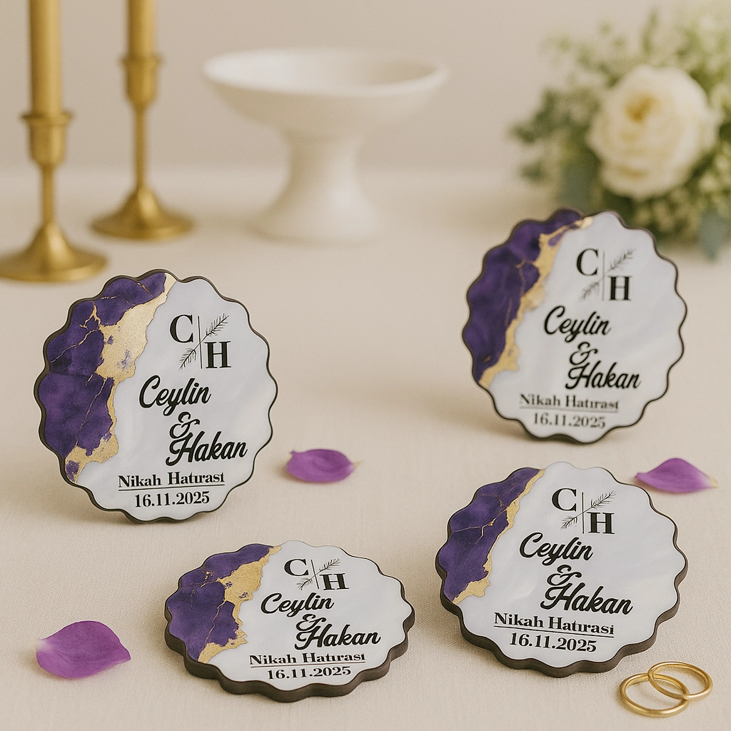 Epoksi-Mermer Görünümlü Ahşap Magnet - Mor - Kişiye Özel Nikah & Düğün Hediyeliği