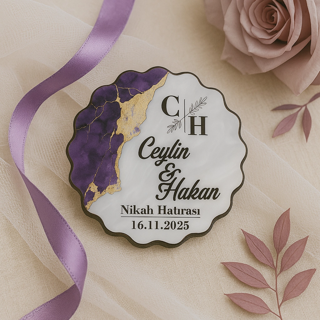 Epoksi-Mermer Görünümlü Ahşap Magnet - Mor - Kişiye Özel Nikah & Düğün Hediyeliği