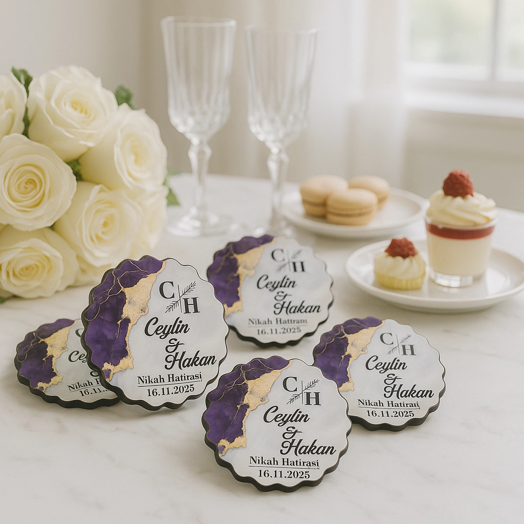 Epoksi-Mermer Görünümlü Ahşap Magnet - Mor - Kişiye Özel Nikah & Düğün Hediyeliği