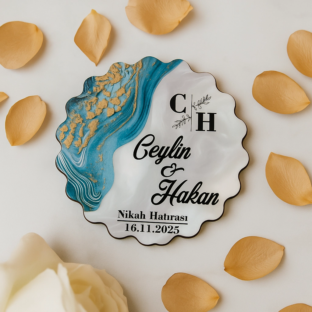 Epoksi-Mermer Görünümlü Ahşap Magnet - Turkuaz - Kişiye Özel Nikah & Düğün Hediyeliği