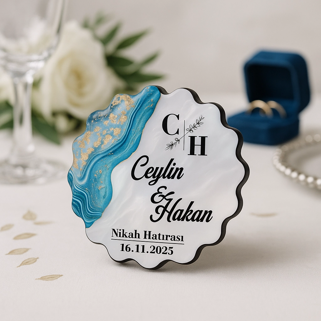 Epoksi-Mermer Görünümlü Ahşap Magnet - Turkuaz - Kişiye Özel Nikah & Düğün Hediyeliği