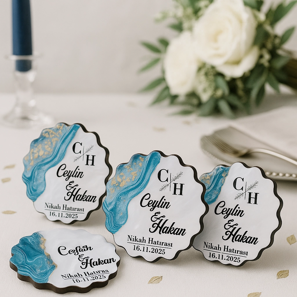 Epoksi-Mermer Görünümlü Ahşap Magnet - Turkuaz - Kişiye Özel Nikah & Düğün Hediyeliği