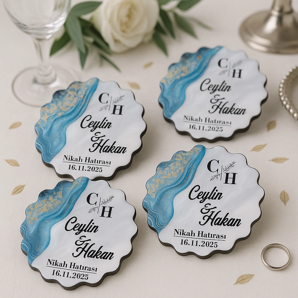 Epoksi-Mermer Görünümlü Ahşap Magnet - Turkuaz - Kişiye Özel Nikah & Düğün Hediyeliği