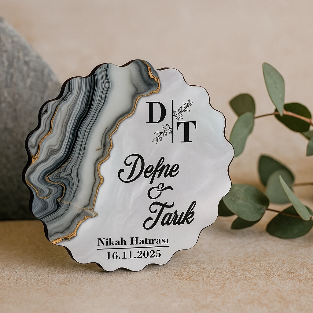 Epoksi-Mermer Görünümlü Ahşap Magnet - Gri - Kişiye Özel Nikah & Düğün Hediyeliği