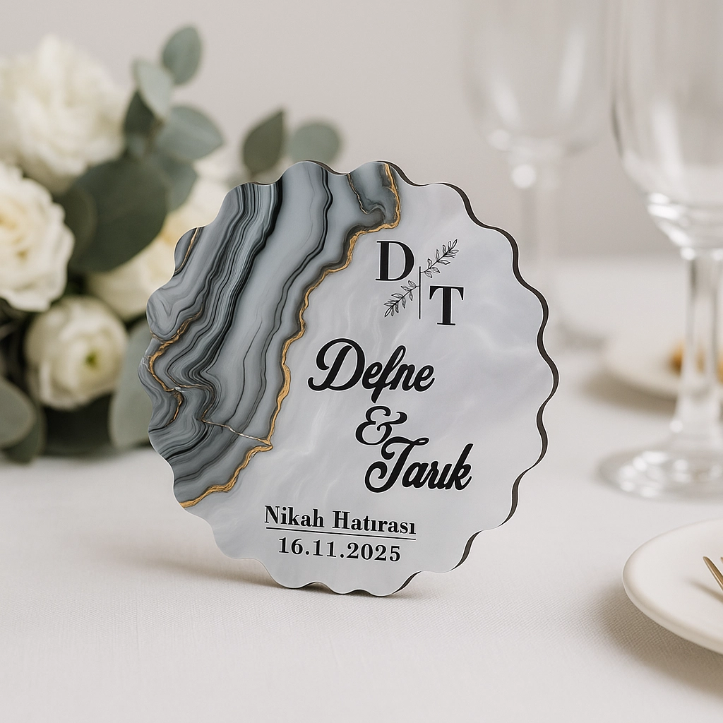 Epoksi-Mermer Görünümlü Ahşap Magnet - Gri - Kişiye Özel Nikah & Düğün Hediyeliği
