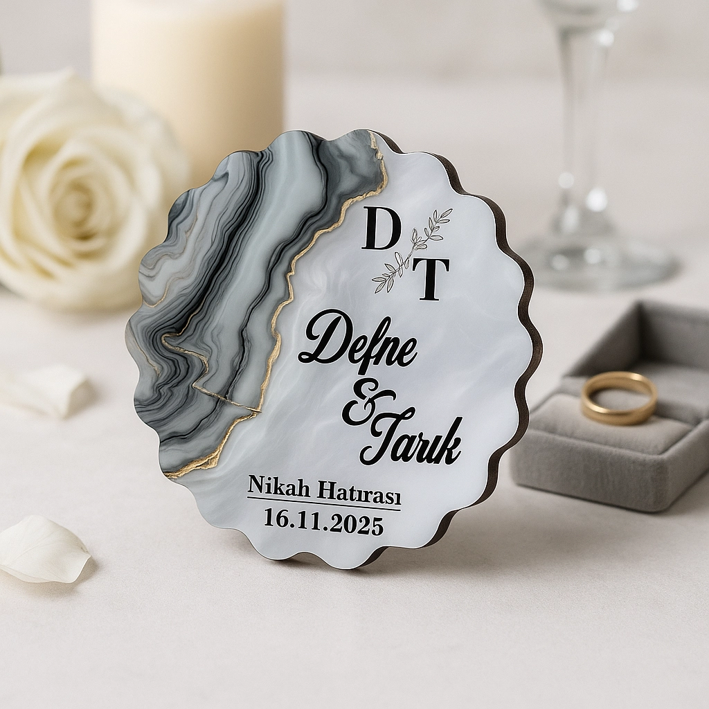 Epoksi-Mermer Görünümlü Ahşap Magnet - Gri - Kişiye Özel Nikah & Düğün Hediyeliği