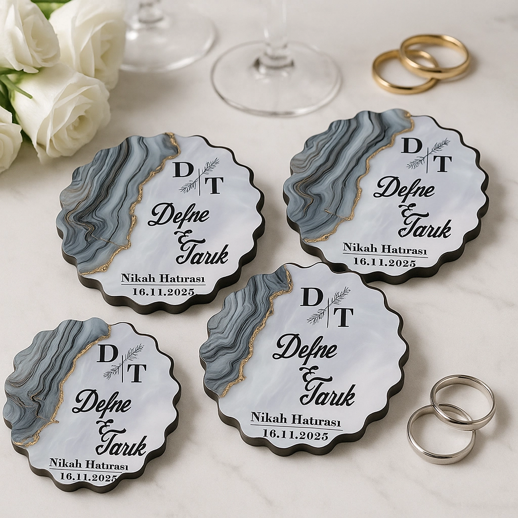 Epoksi-Mermer Görünümlü Ahşap Magnet - Gri - Kişiye Özel Nikah & Düğün Hediyeliği