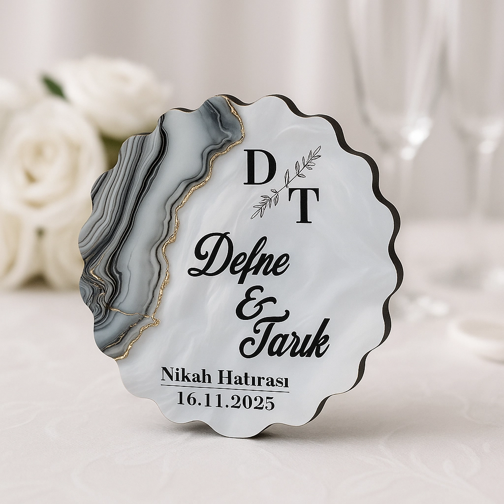 Epoksi-Mermer Görünümlü Ahşap Magnet - Gri - Kişiye Özel Nikah & Düğün Hediyeliği